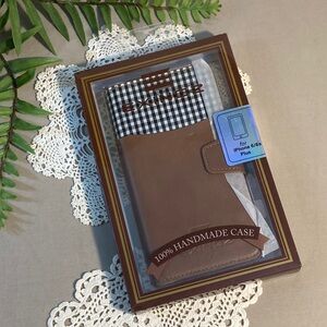 Handmade Leather iPhone 6/6s Plus Case Brown Black White Checkered Detail New